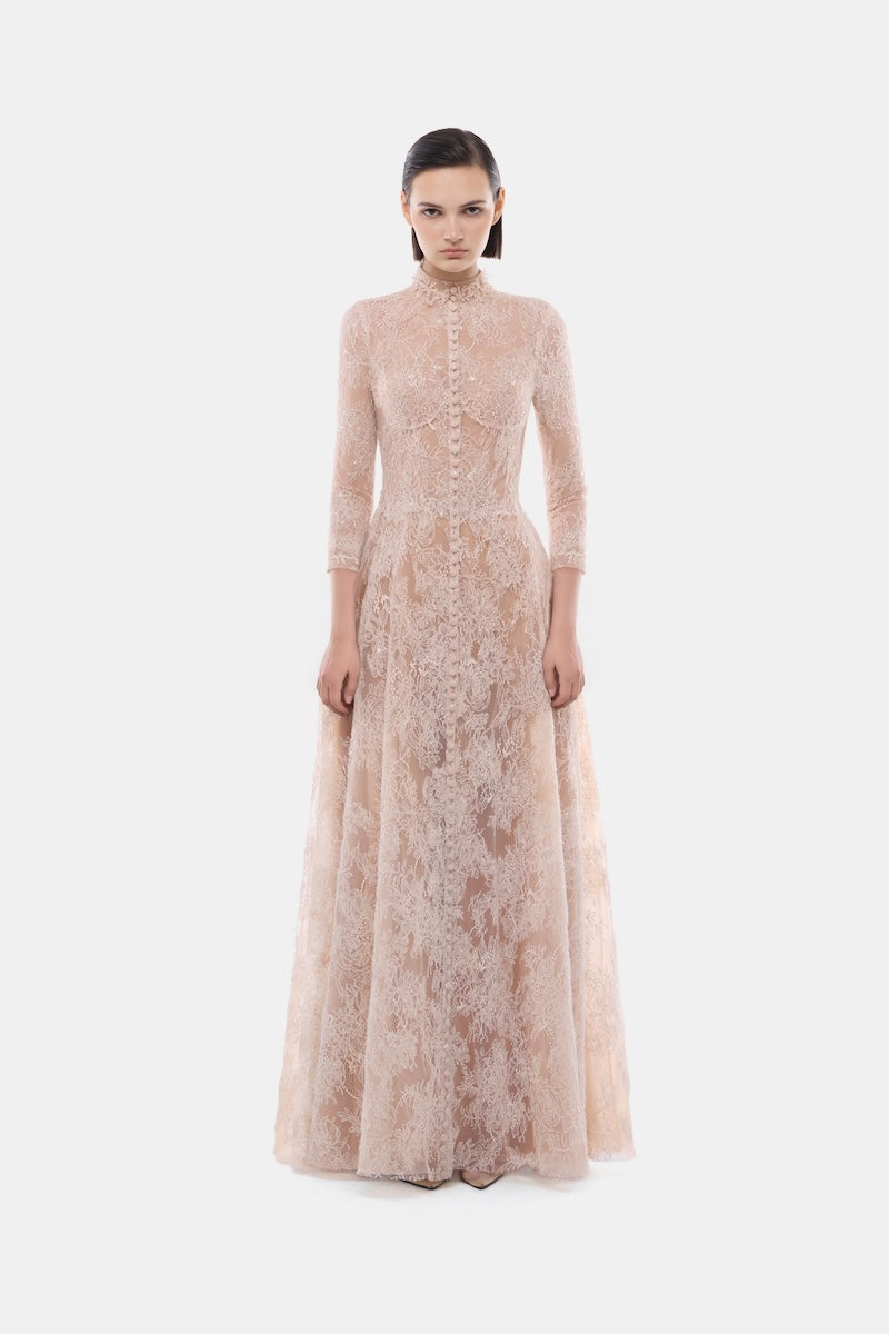 Peach lace button-front gown by Montsand, featuring elegant lace fabric and a flattering fit, perfect for formal occasions.