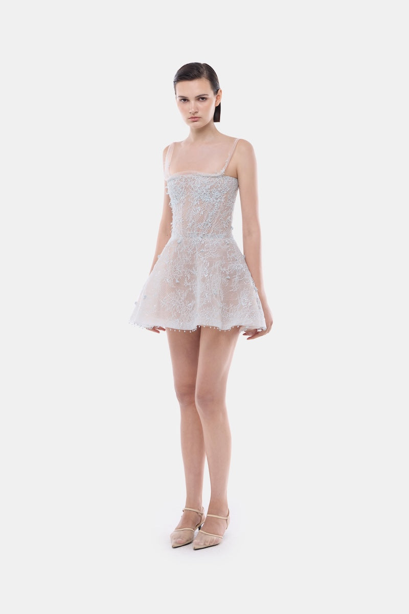 Blue straight neckline skater mini dress by Montsand, featuring a fitted bodice and flared skirt, perfect for casual or semi-formal wear.