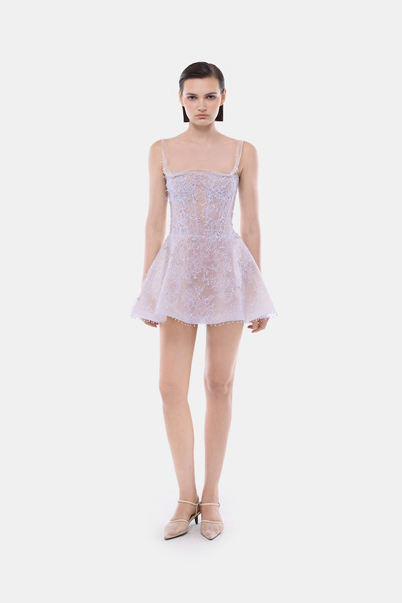 Montsand violet straight neckline skater mini dress displayed on a hanger, showcasing its vibrant color and fitted silhouette.