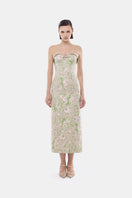 Elegant pastel floral corsetry tube dress by Montsand, featuring a fitted gown with floral print and structured design.