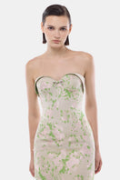 Pastel floral corsetry tube dress by Montsand, featuring a fitted gown with floral patterns and elegant design details.