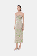 Pastel floral corsetry tube dress by Montsand featuring a fitted gown with floral patterns and a sleek, elegant silhouette.