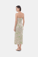 Montsand pastel floral corsetry tube dress displayed on a model, featuring a fitted gown with a pastel floral pattern.
