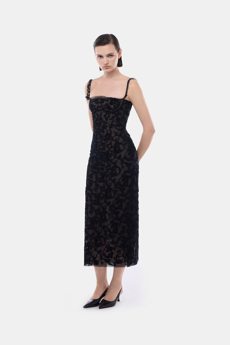 Black straight neckline bodice gown by Montsand, featuring a sleek design and elegant fit, perfect for formal occasions.