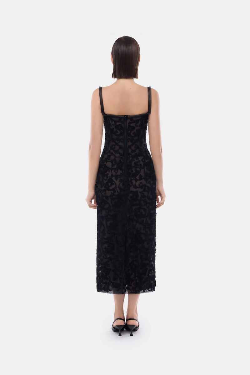 Black straight neckline bodice gown by Montsand, featuring a sleek design and elegant midi length, perfect for formal occasions.