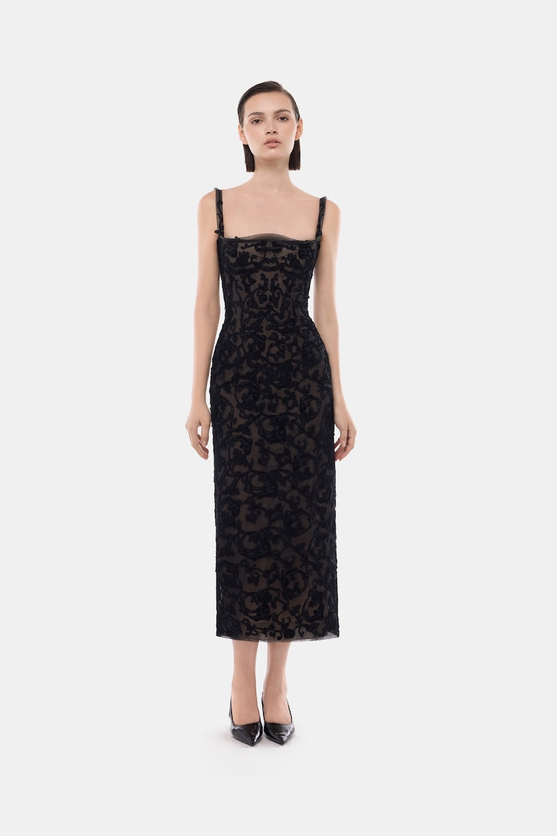 Black straight neckline bodice gown by Montsand, elegant evening dress with fitted bodice and flowing midi skirt.
