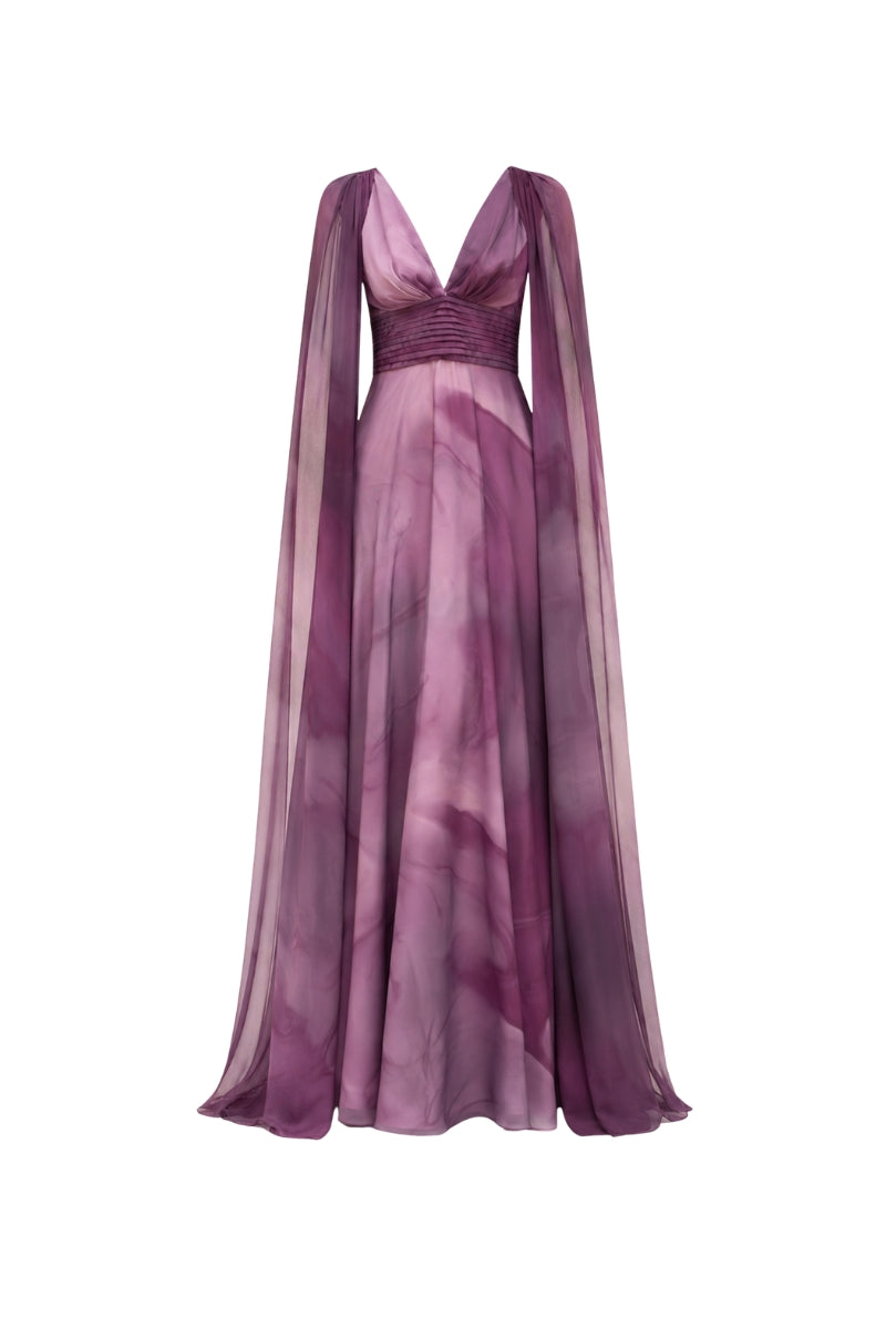 Purple print Dalia maxi dress by Tinta Latina featuring flowing fabric and elegant design, perfect for summer or special occasions.