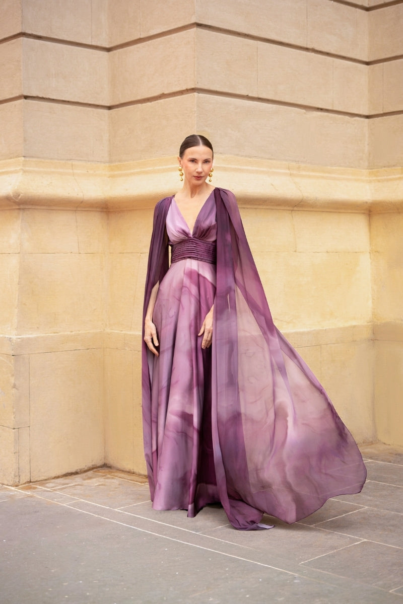 Purple print Dalia maxi dress by Tinta Latina, flowing fabric with vibrant floral pattern, perfect for summer or casual wear.