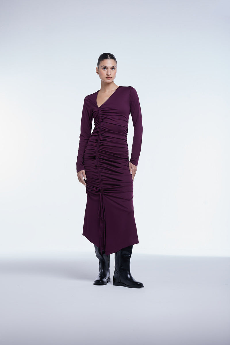 RUCHED ASYMMETRIC MIDI DRESS - CULT MIA