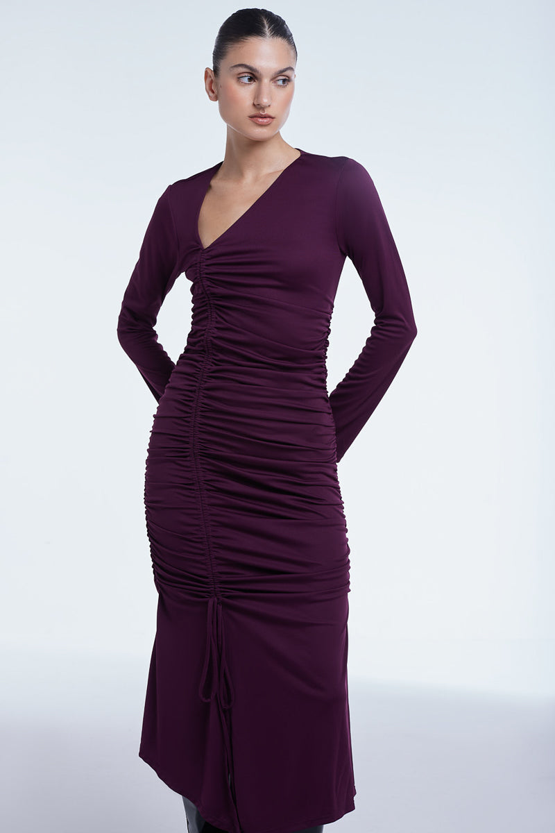 RUCHED ASYMMETRIC MIDI DRESS - CULT MIA