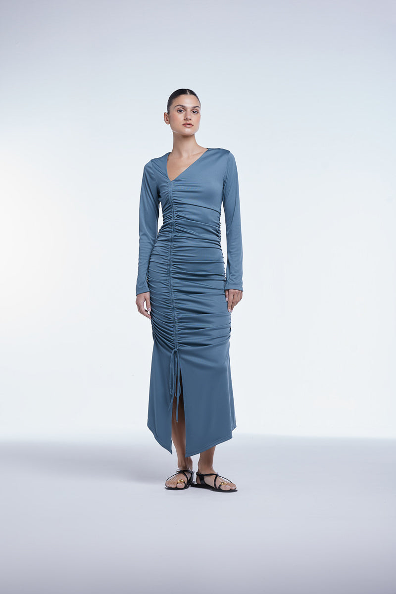 RUCHED ASYMMETRIC MIDI DRESS - CULT MIA