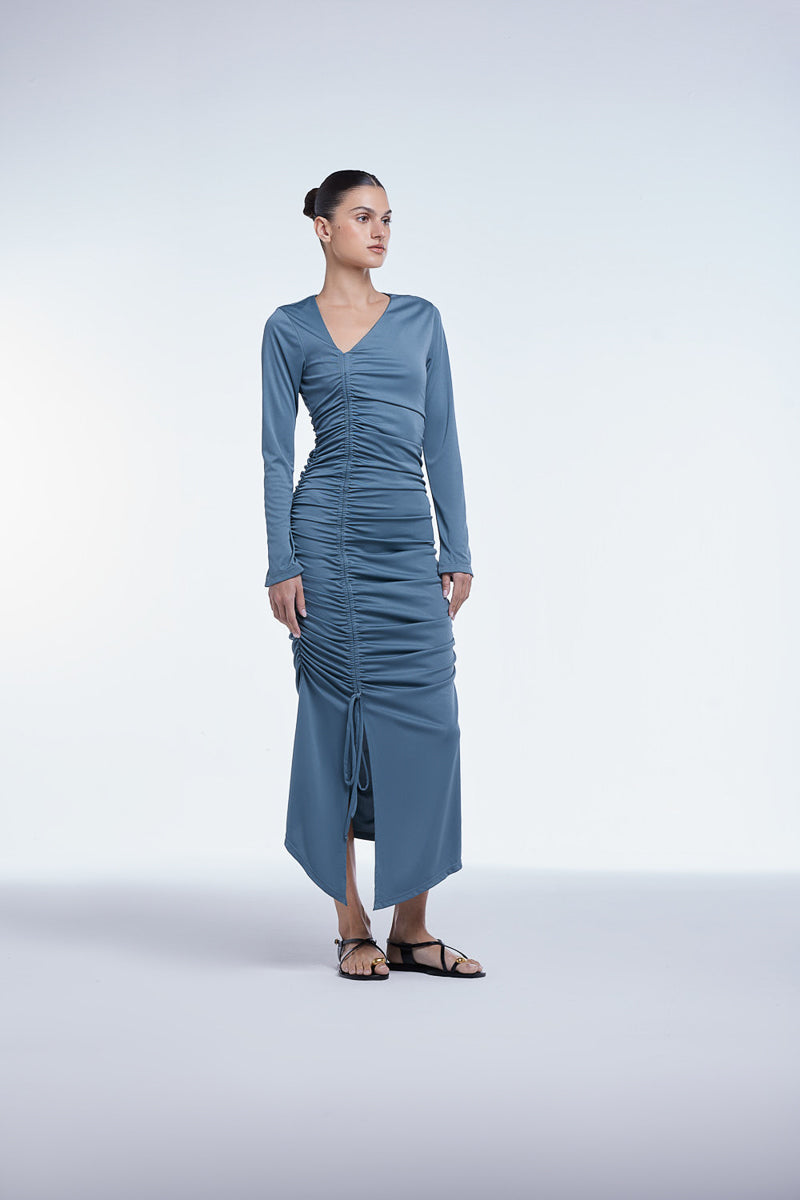 RUCHED ASYMMETRIC MIDI DRESS - CULT MIA