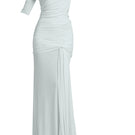 Deme By Gabriella Alba off-shoulder maxi dress in flowing fabric, featuring a fitted bodice and elegant, floor-length design.