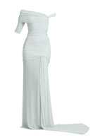 Deme By Gabriella Alba off-shoulder maxi dress in flowing fabric, featuring a fitted bodice and elegant, floor-length design.