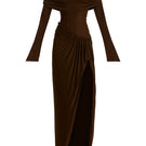 Deme by Gabriella Carmen off-shoulder maxi dress in flowing fabric, featuring a relaxed fit and elegant design.