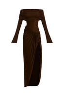 Deme by Gabriella Carmen off-shoulder maxi dress in flowing fabric, featuring a relaxed fit and elegant design.