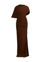 Violet draped maxi dress by Deme By Gabriella, flowing fabric and elegant design, perfect for summer or formal occasions.