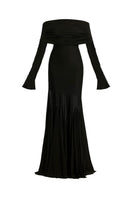 Deme By Gabriella Hailey off-shoulder maxi dress in flowing fabric, featuring a fitted bodice and elegant design.