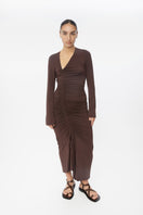 Dāl the Label modal ruched asymmetric midi dress displayed on a model, featuring a flowing silhouette and elegant design.
