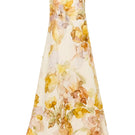 BY HAÓ ELYSIA strapless maxi dress in multi-colored fabric, flowing design with a fitted waist and elegant silhouette.
