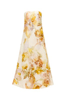 BY HAÓ ELYSIA strapless maxi dress in multi-colored fabric, flowing design with a fitted waist and elegant silhouette.