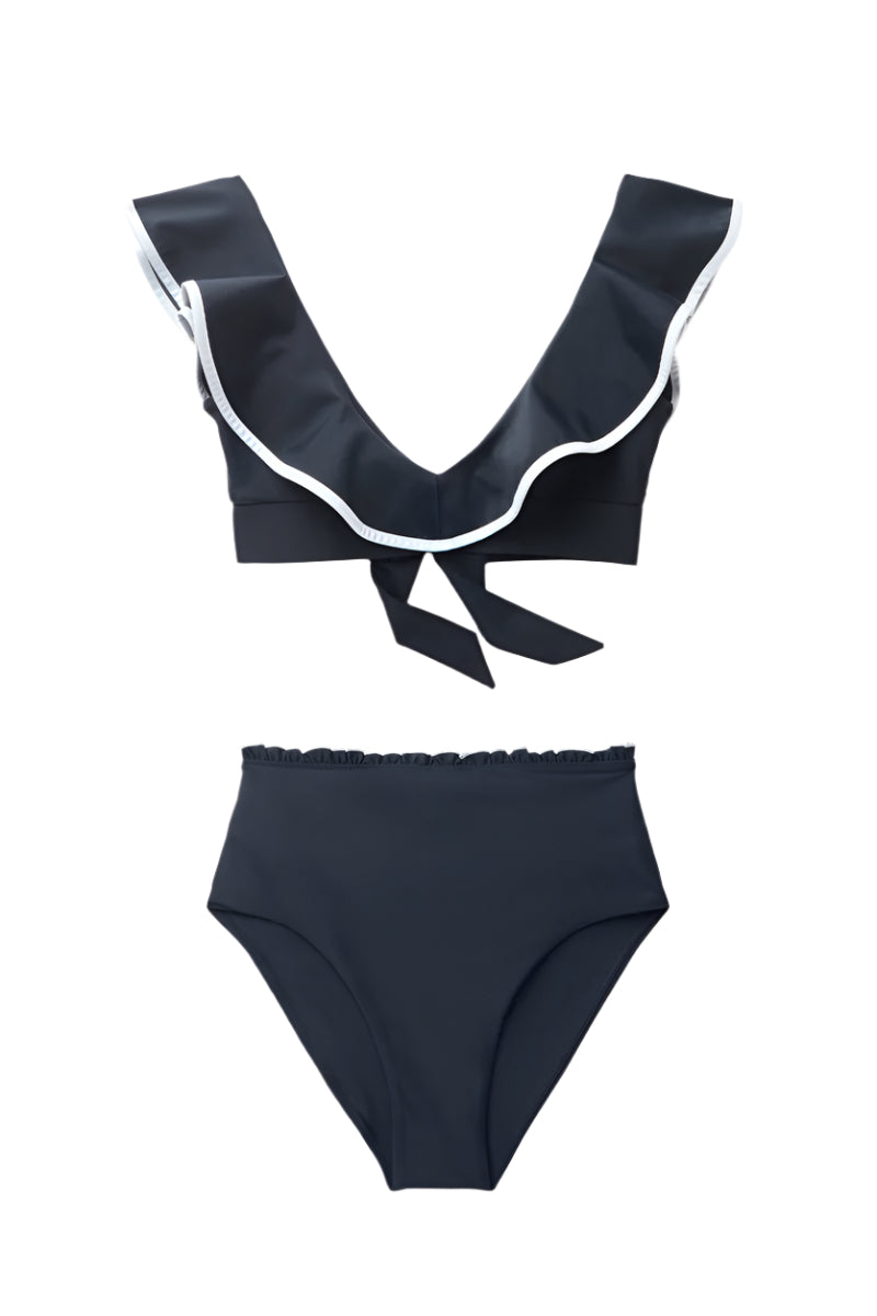 Navy deep bikini top and high-waisted bikini bottom by Seaquelle, featuring a stylish swimwear set for beach or pool.