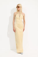 Urban Muse Delphine gown in butter fabric, showcasing a flowing maxi dress with elegant design and soft, luxurious texture.