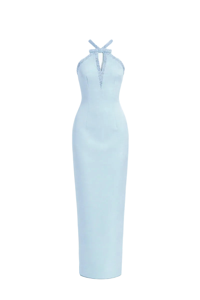 BLUE DEEP PLUNGE GOWNS WITH BROOCH DETAIL | CULT MIA | CEM BLUE DEEP PLUNGE GOWNS WITH BROOCH DETAIL | CULT MIA | CEM