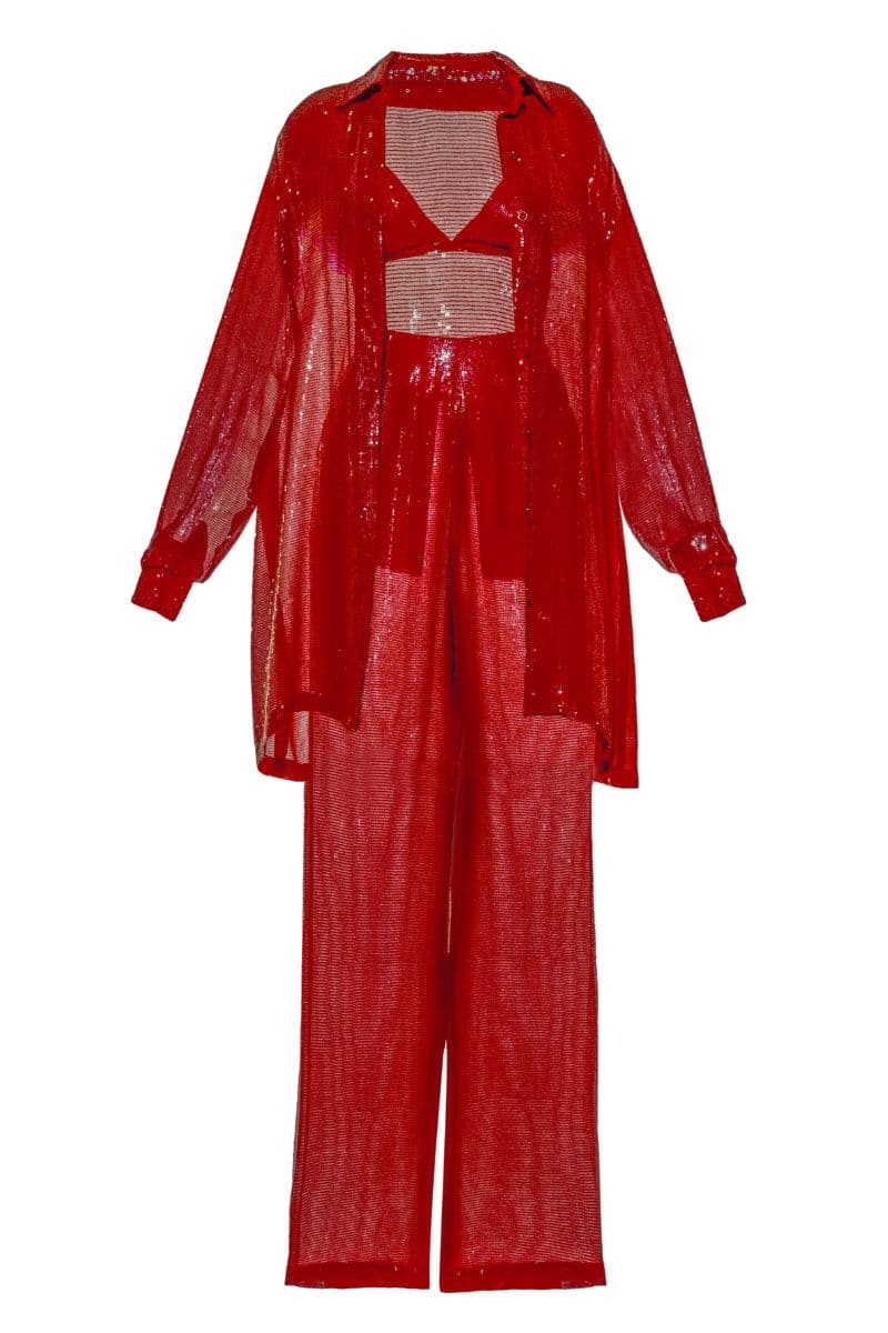 Deme By Gabriella Tracy red sequin co-ord set featuring a fitted crop top and matching high-waisted pants, sparkling and stylish.