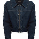 Blue denim jacket with chain details on the sleeves, stylish JC Pajares jackets featuring a modern, edgy design.