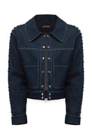 Blue denim jacket with chain details on the sleeves, stylish JC Pajares jackets featuring a modern, edgy design.