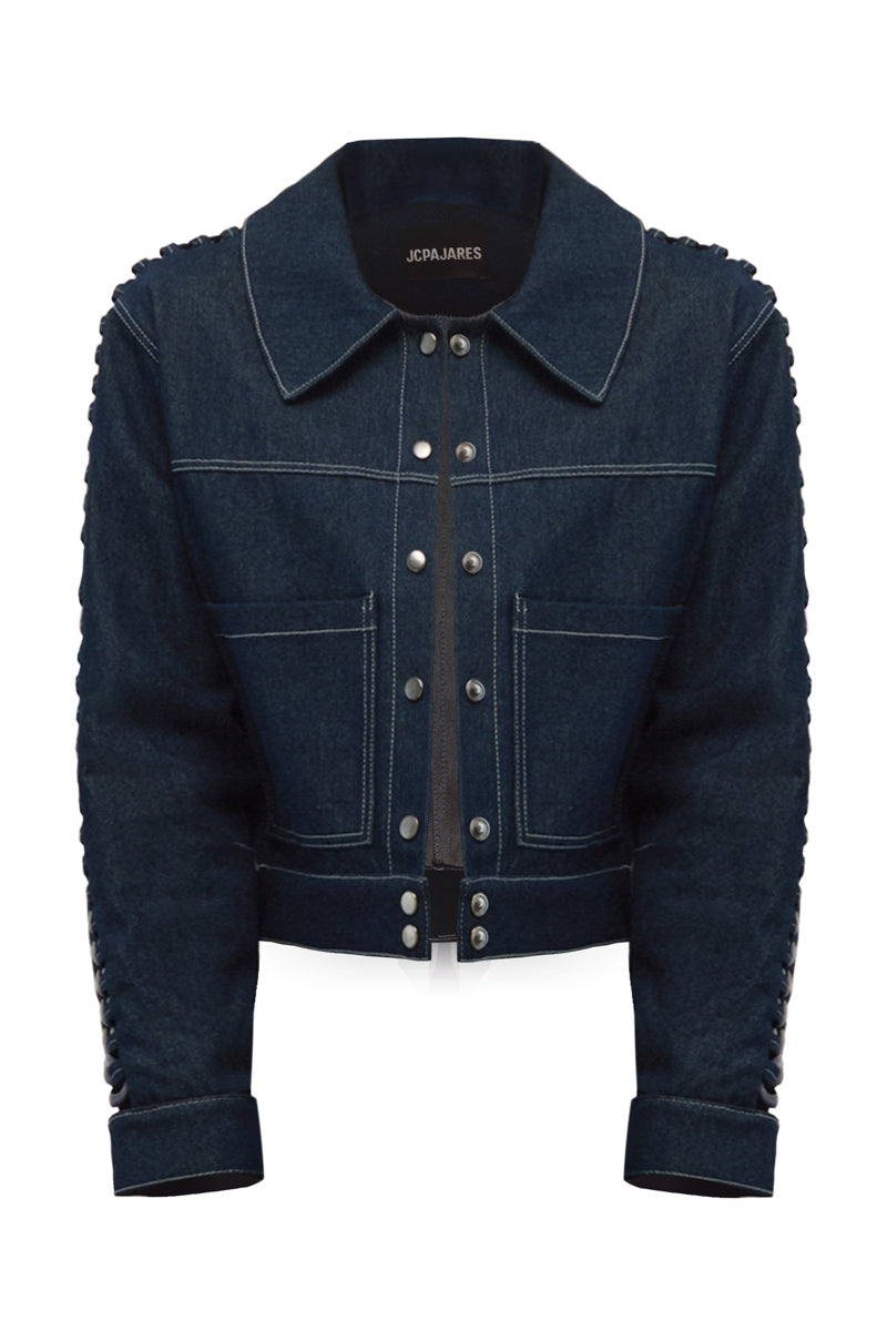Blue denim jacket with chain details on the sleeves, stylish JC Pajares jackets featuring a modern, edgy design.