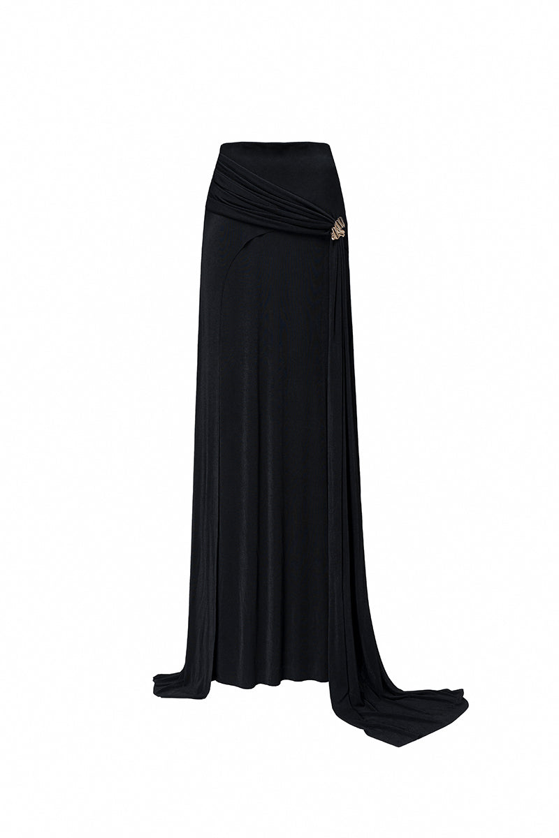 Black DENVIL maxi skirt by Jenny K Tran featuring a flowy design and elegant silhouette, perfect for stylish casual or formal wear.