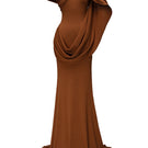Jenny K Tran Devon dress in burnt orange, elegant gown with flowing fabric and stylish design, perfect for formal occasions.