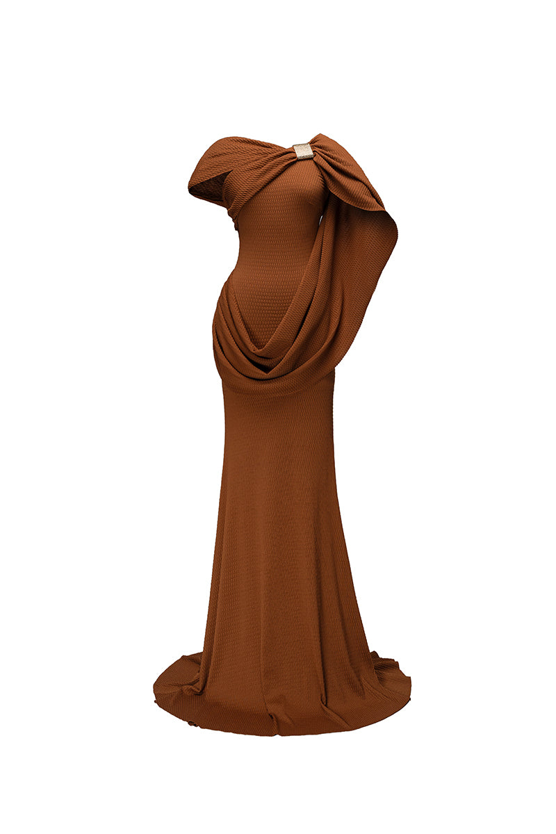 Jenny K Tran Devon dress in burnt orange, elegant gown with flowing fabric and stylish design, perfect for formal occasions.