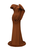 Jenny K Tran Devon dress in burnt orange, elegant gown with flowing fabric and stylish design, perfect for formal occasions.