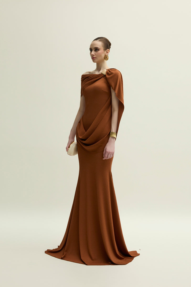 Jenny K Tran Devon gown in burnt orange, flowing dress with elegant design and soft fabric, perfect for stylish occasions.