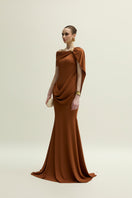 Jenny K Tran Devon gown in burnt orange, flowing dress with elegant design and soft fabric, perfect for stylish occasions.