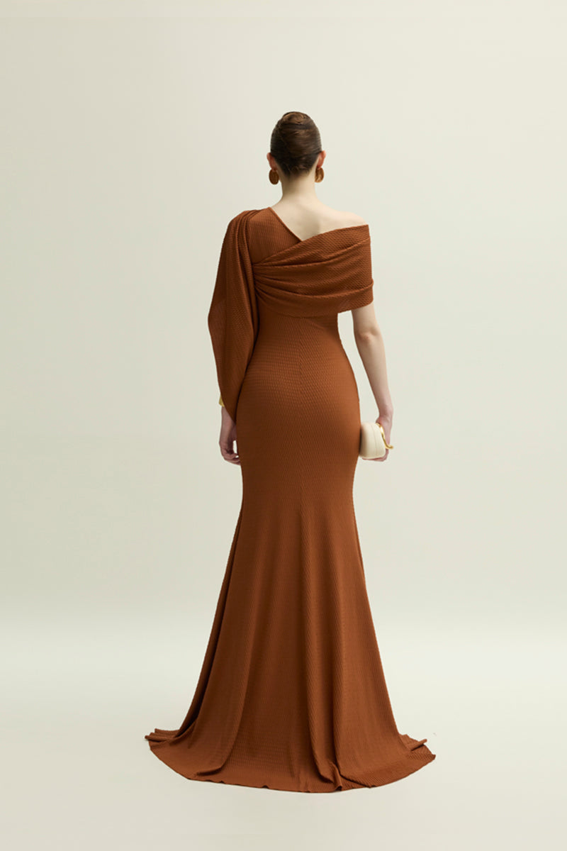 Jenny K Tran Devon gown in burnt orange, flowing dress with elegant design, perfect for formal occasions.