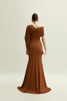 Jenny K Tran Devon gown in burnt orange, flowing dress with elegant design, perfect for formal occasions.