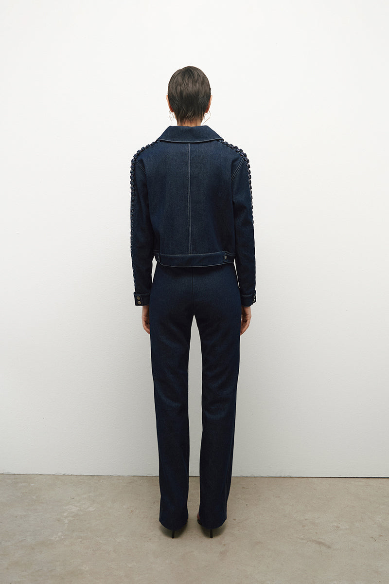 Blue denim jacket with chain details on sleeves, stylish JC Pajares jackets featuring a classic fit and edgy design.