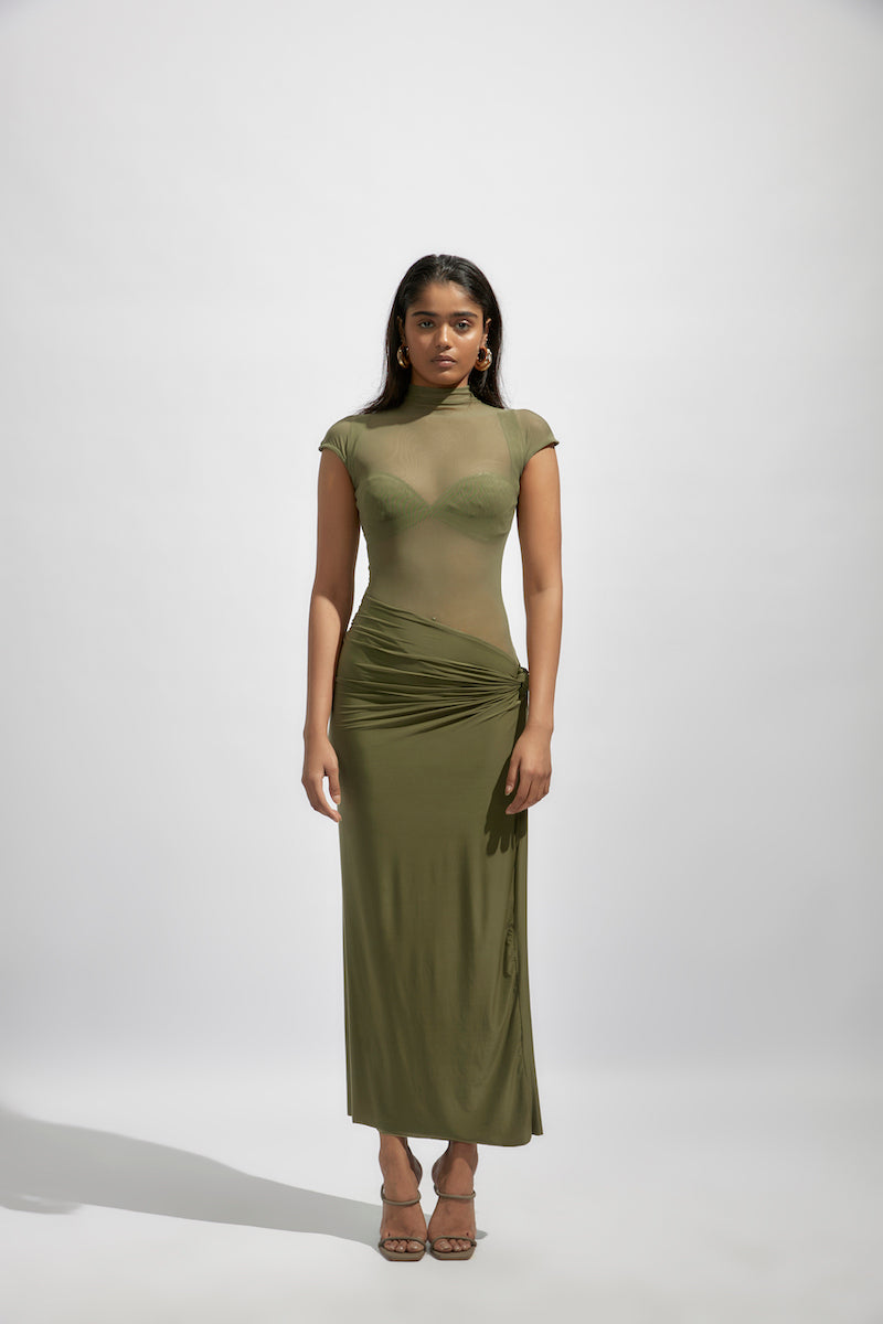 OLIVIA OLIVE GREEN MIDI DRESS