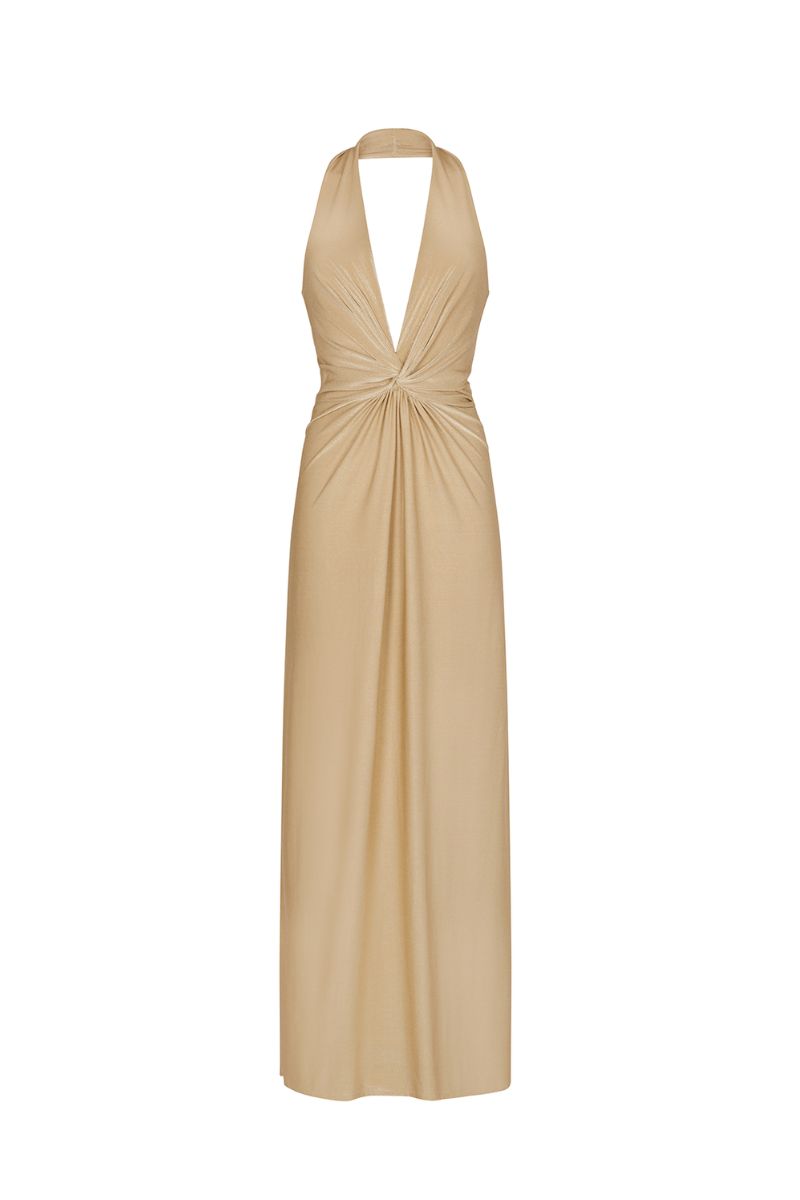 Aguaclara Doree maxi dress with flowing fabric and floral pattern, displayed on a hanger against a neutral background.