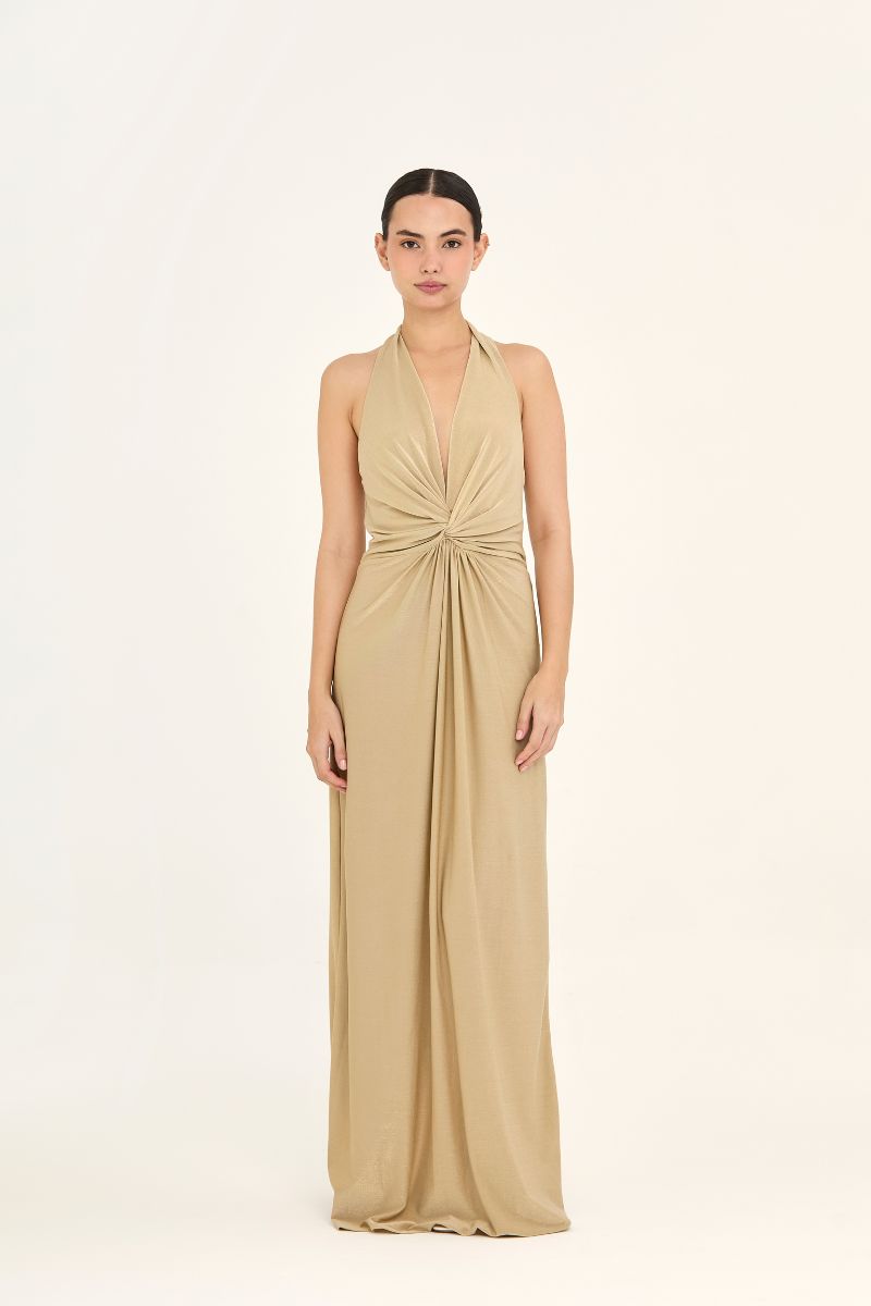 Aguaclara DOREE Maxi Dress in flowing fabric, featuring a vibrant pattern and elegant design, perfect for summer wear.