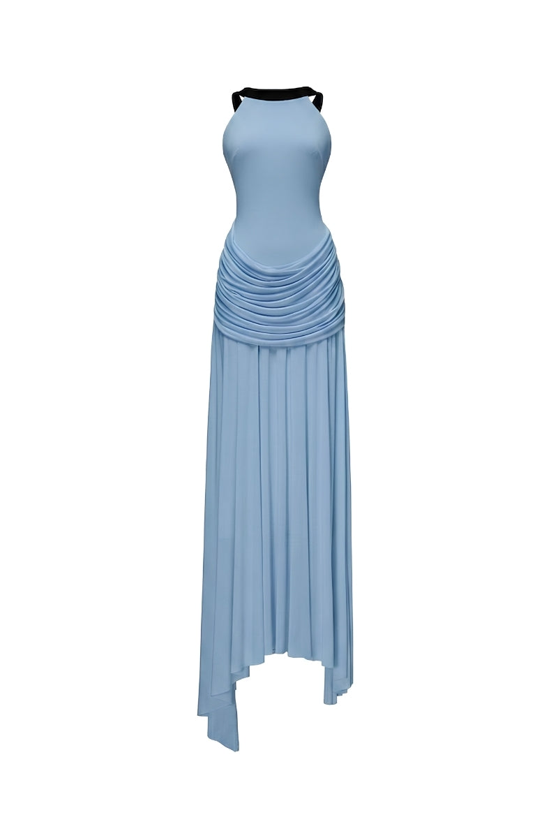 Elegant blue Dorset gown by Jenny K Tran, featuring flowing fabric and classic design, perfect for formal occasions.