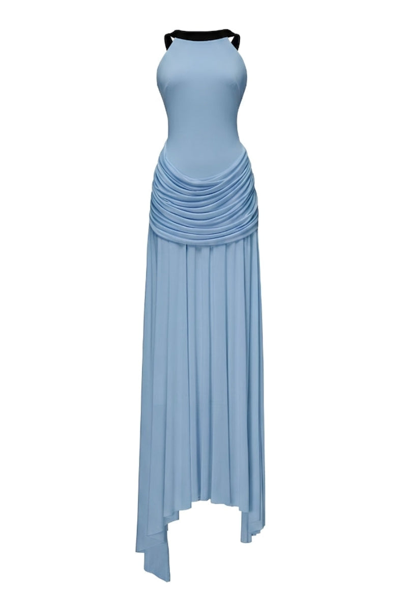 Elegant blue Dorset gown by Jenny K Tran, featuring flowing fabric and classic design, perfect for formal occasions.