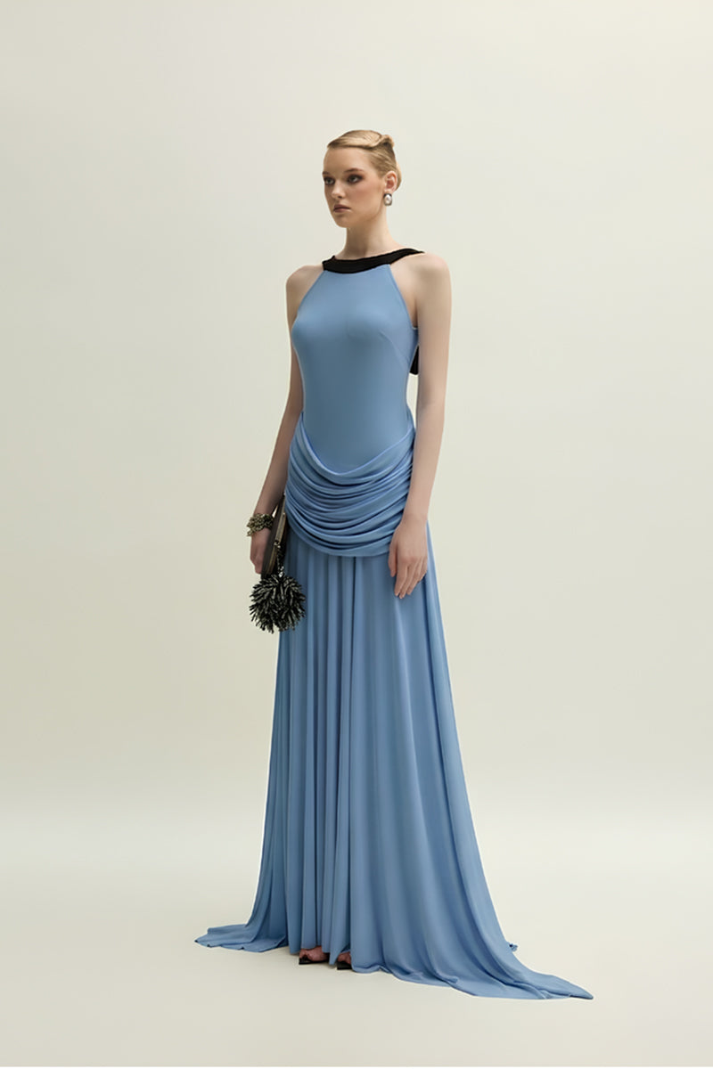 Jenny K Tran Dorset dress in blue gown, elegant flowing fabric with intricate details, perfect for formal occasions.
