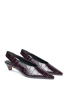 10th Floor Downtown Heels in cocoa crocodile-embossed leather, stylish high heels with pointed toes and stiletto heels.