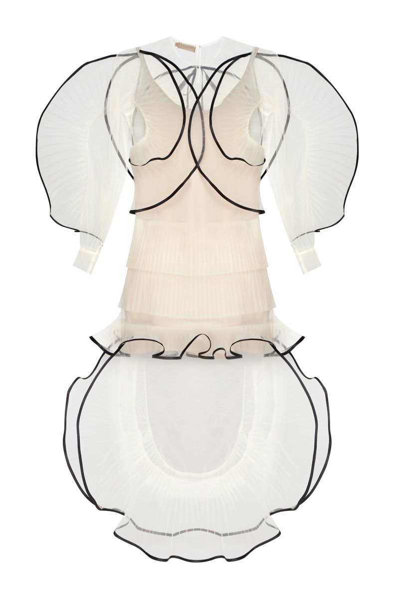 Back view of NADYA DZYAK MILKY WHITE maxi dress showcasing flowing fabric and elegant design details.