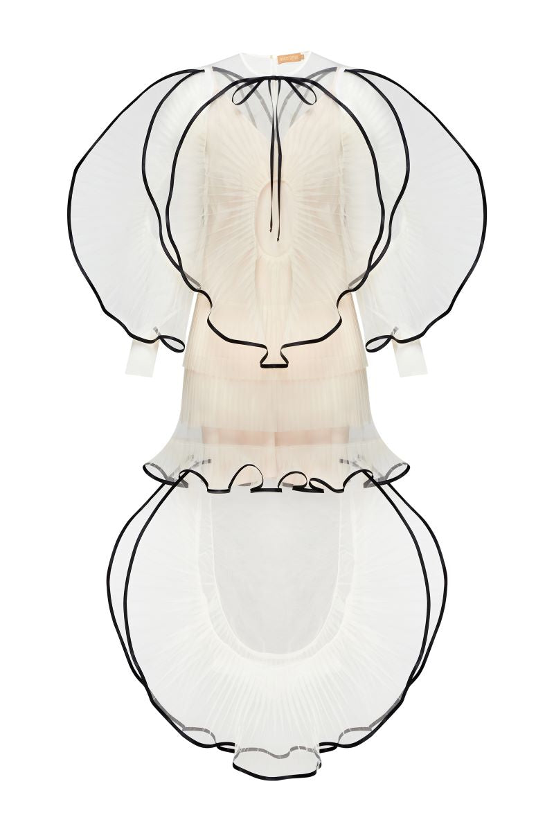 White maxi dress by Nadya Dzyak, front view showing flowing fabric and elegant design.